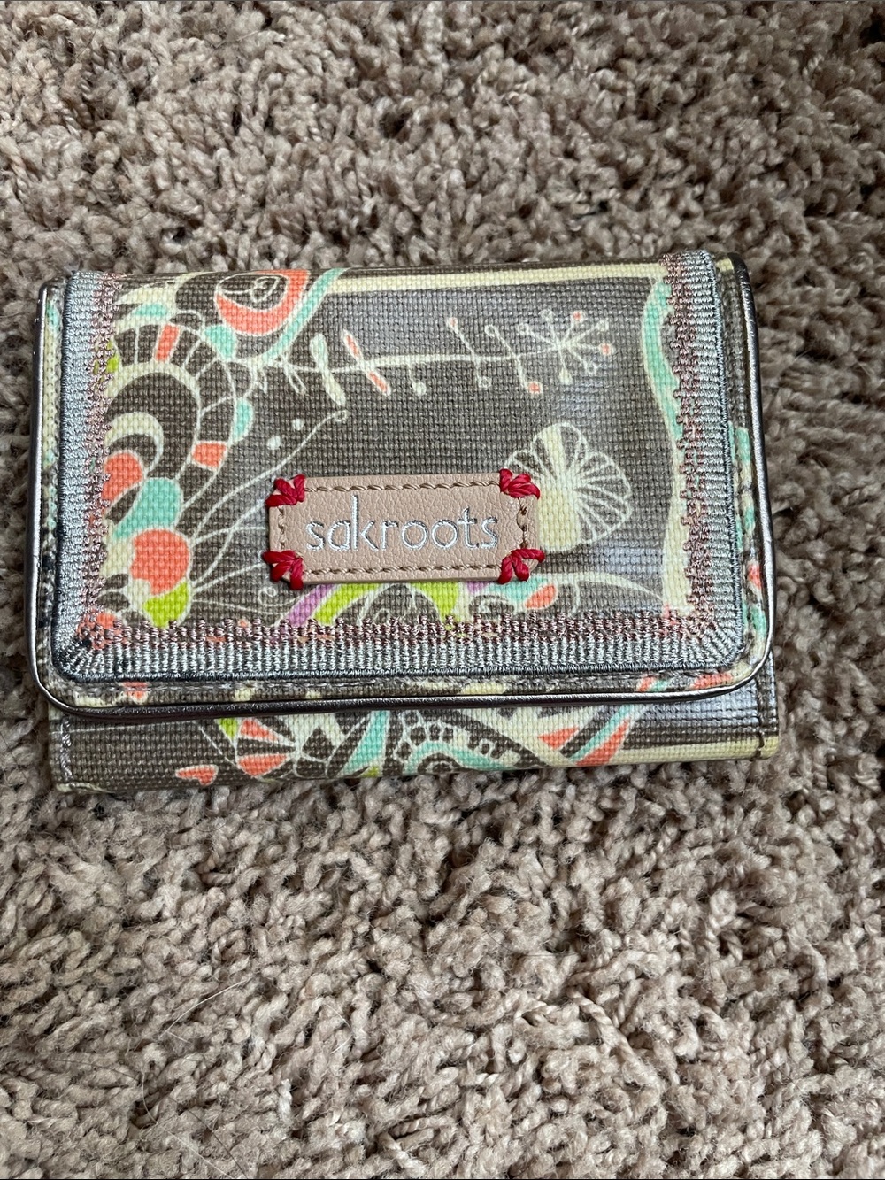 Sakroots Brown Canvas Wallet with Mint and Coral Floral Accents